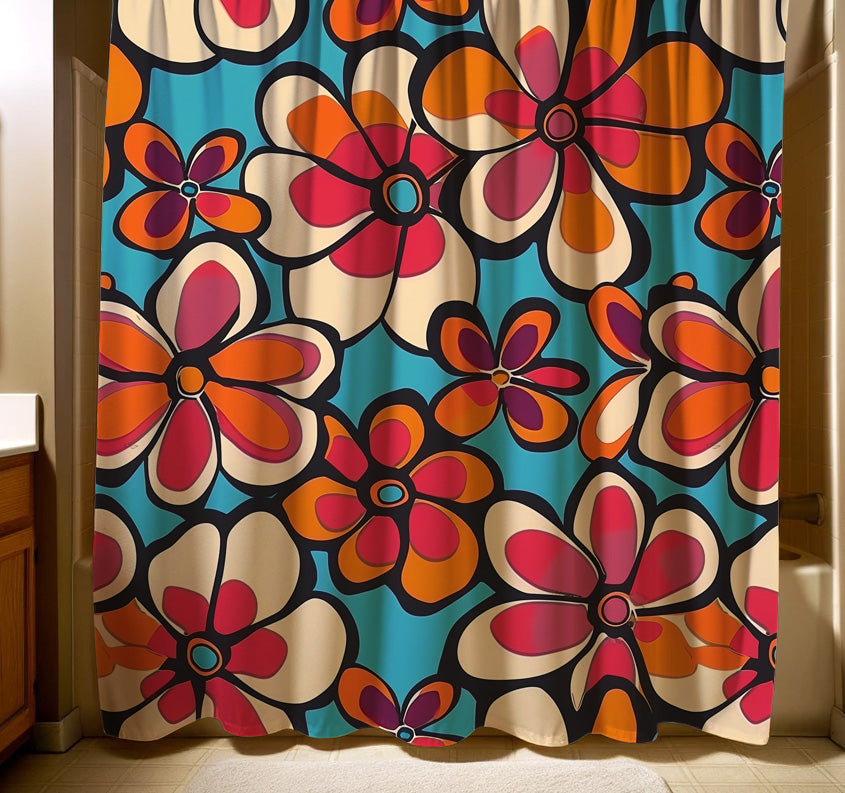 Vibrant flower shower curtain with a retro design displayed in a bathroom setting, showcasing large bohemian flowers in warm tones against a calming teal backdrop for a trendy look