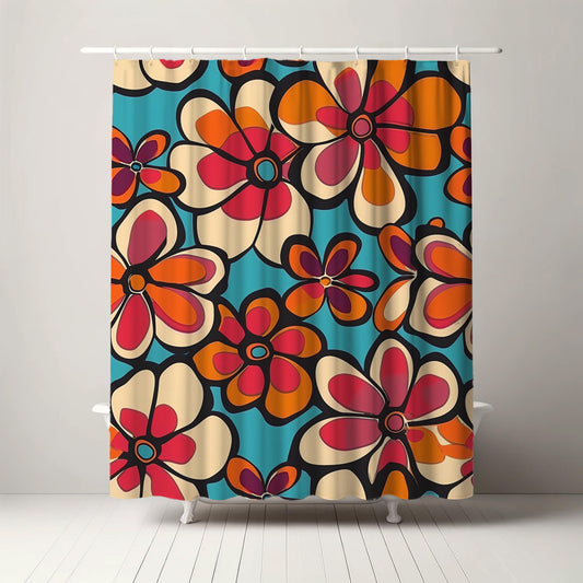 Colorful boho floral shower curtain featuring oversized flowers in shades of orange, pink, and cream on a teal background, adding a retro and funky touch to the bathroom decor