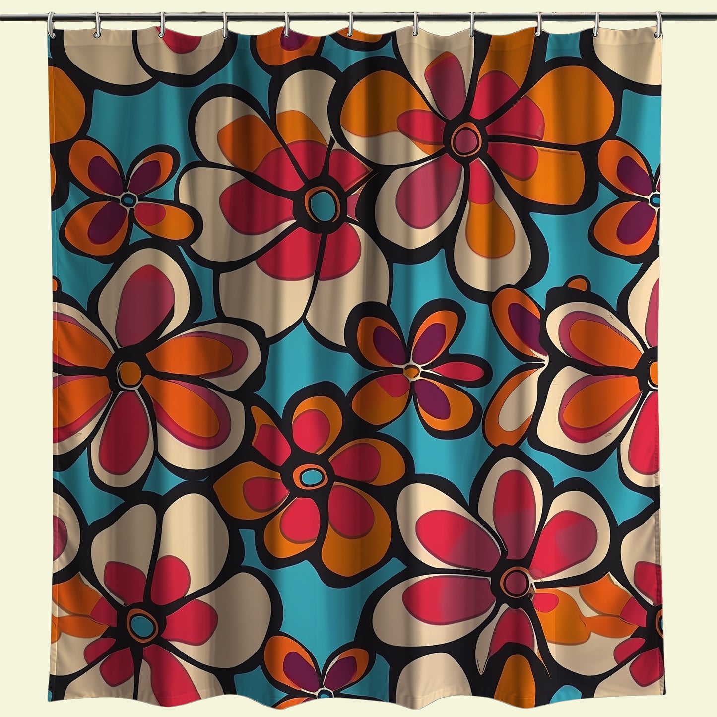 Close-up of a bohemian-style floral shower curtain with a modern twist, depicting a unique pattern of stylized flowers in orange, pink, and beige, set against a rich teal background for a decorative flair.