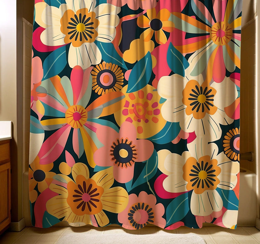 Floral fantasy shower curtain featuring a bouquet of abstract flowers in sunset shades of yellow, cream, and pink, set against a teal backdrop in a bathroom setting for a contemporary look.