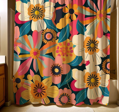 Floral fantasy shower curtain featuring a bouquet of abstract flowers in sunset shades of yellow, cream, and pink, set against a teal backdrop in a bathroom setting for a contemporary look.