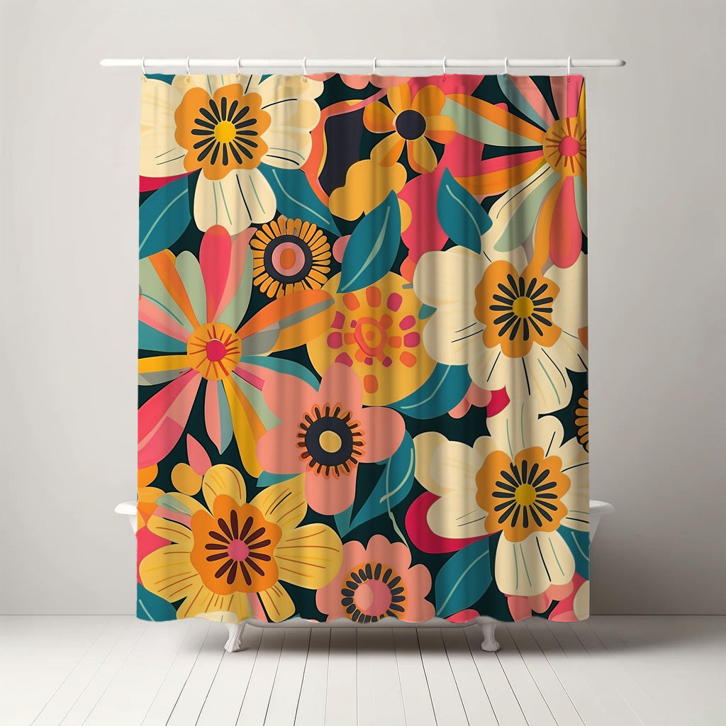 Lively botanical shower curtain with a rich blend of yellow, pink, and cream flowers and leaves on a dark backdrop, creating a trendy and modern floral aesthetic for the bathroom