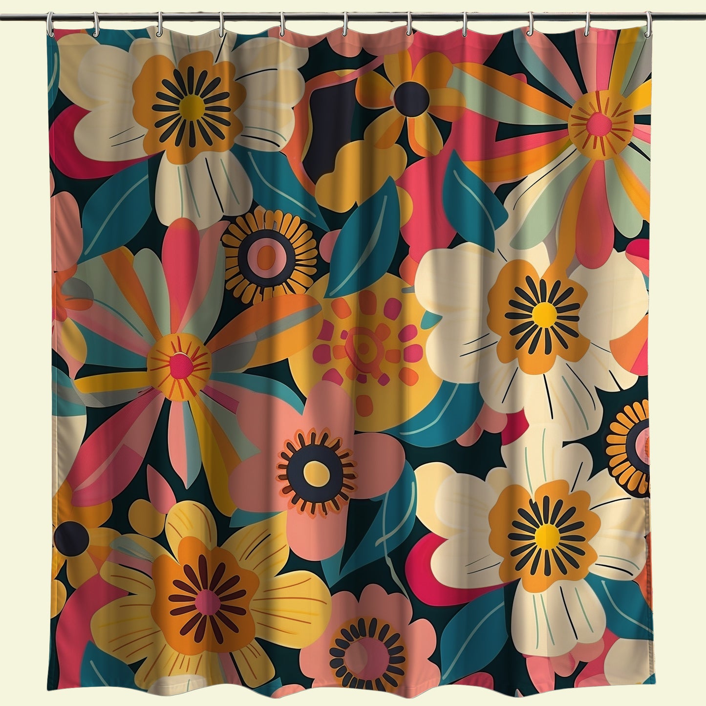 Artistic floral shower curtain with a pattern of stylized yellow and pink flowers over a dark teal background, offering a modern and cheerful update to bathroom decor.