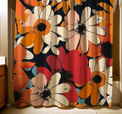 Dramatic shower curtain showcasing abstract poppies in shades of red, orange, and cream on a navy background, bringing a bold and artistic vibe to the bathroom setting.