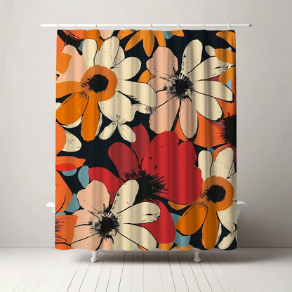 Abstract poppy shower curtain featuring bold red, orange, and cream flowers on a dark background, offering a contemporary and artistic flair to bathroom interiors.