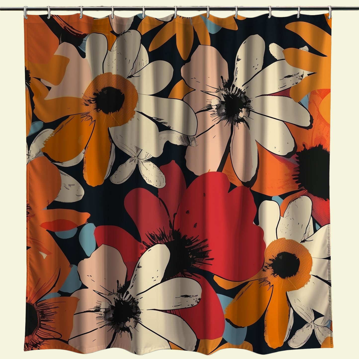 Stylish and modern shower curtain featuring large abstract poppies in vibrant red and orange with cream highlights, creating a statement piece against a dark background for contemporary bathroom decor.