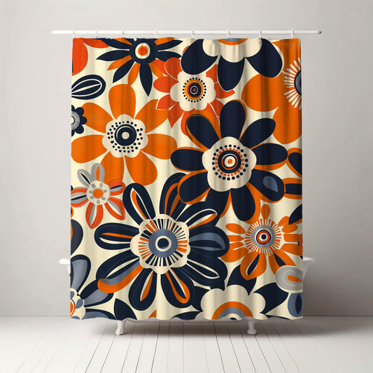 Elegant shower curtain with a modern geometric floral pattern in navy blue and orange, highlighted by a creamy background, creating a fresh and contemporary look for any bathroom space.