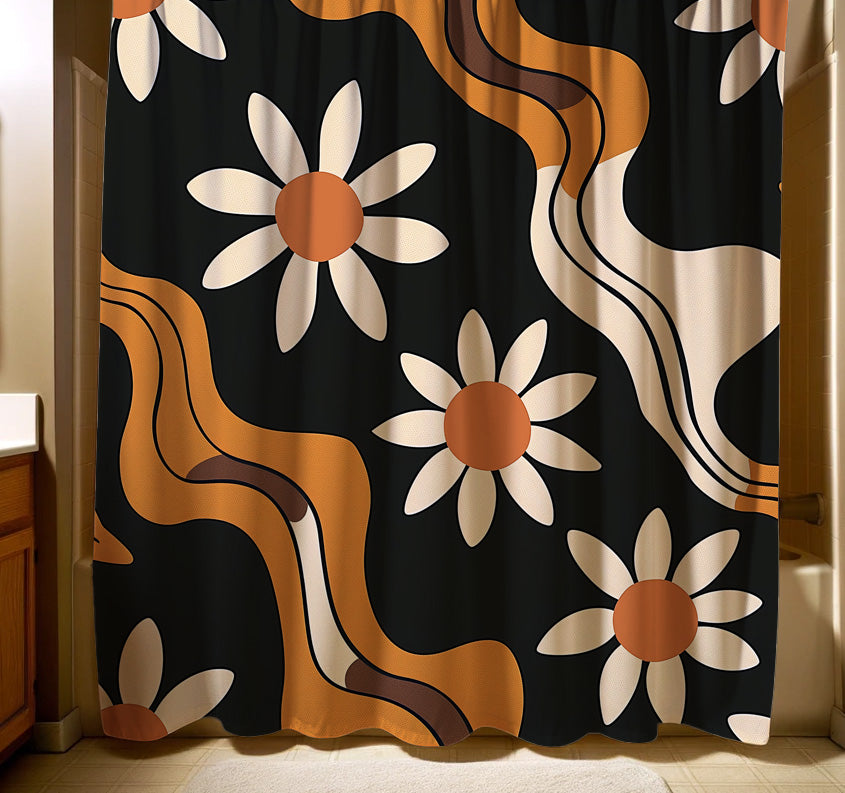 Chic black shower curtain with cream daisies and amber centers, highlighted by sinuous amber and cream waves, creating a striking retro-inspired look in a bathroom setting.