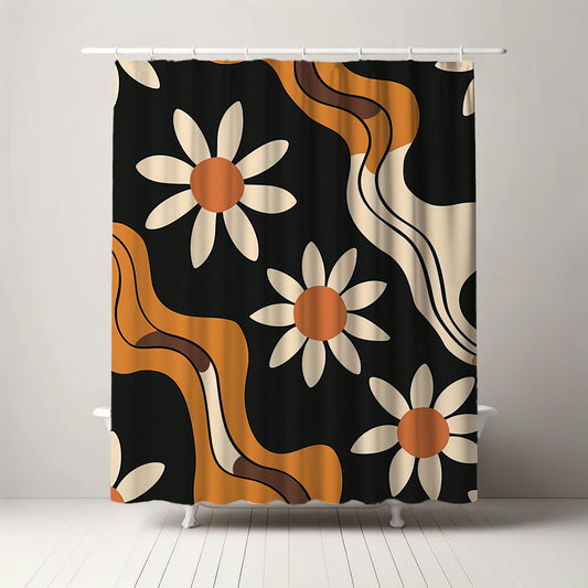 Bold retro-inspired shower curtain with cream daisies and amber centers set against a black background with wavy, flowing lines in amber and cream for a dynamic, vintage bathroom look.