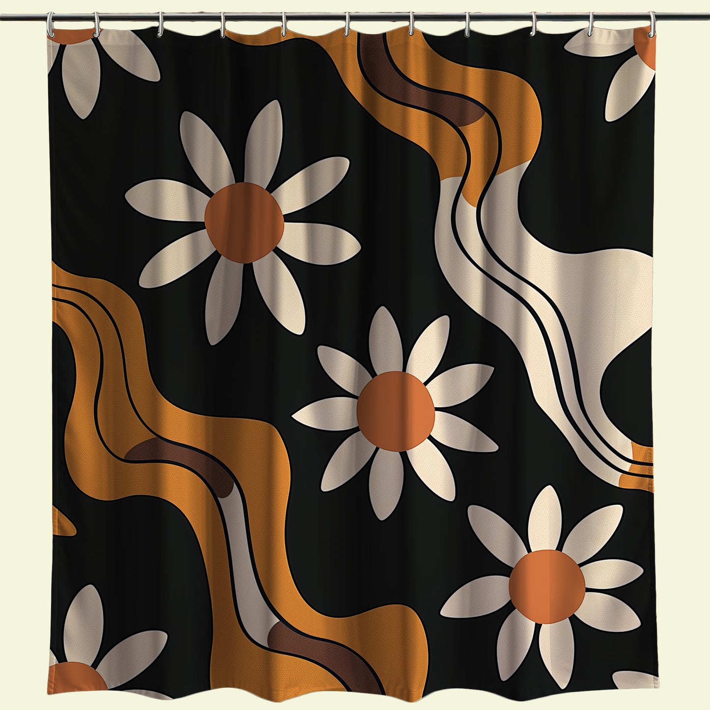 Elegant shower curtain with a retro vibe, featuring cream daisies with amber centers on a black background, complemented by wavy amber and cream lines for a dynamic bathroom decor.