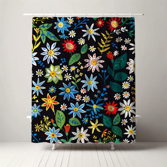 Colorful shower curtain with a lively floral pattern featuring blue, yellow, and red flowers interspersed with green leaves against a bold black backdrop, ideal for a fresh and vibrant bathroom decor.