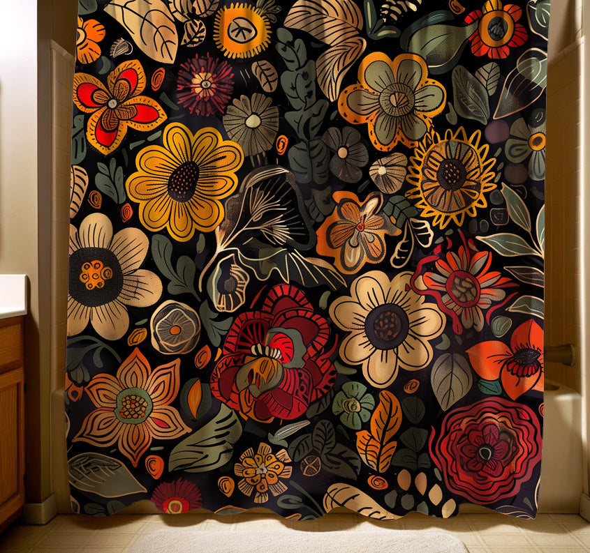 Bohemian-inspired shower curtain with a rich tapestry of autumn-hued flowers, including sunflowers and poppies, set against a dark backdrop for a cozy, earthy bathroom atmosphere.