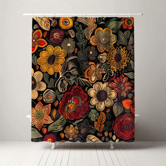 Luxurious shower curtain adorned with warm-toned floral patterns in autumn colors, presenting a mix of burnt orange, mustard yellow, and deep red flowers on a black background for a sophisticated look.