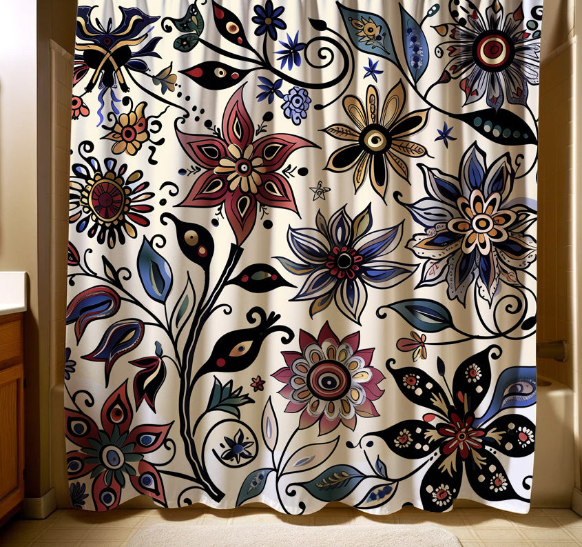 A decorative shower curtain featuring a rich, bohemian floral pattern with prominent colors like red, blue, and yellow on a light background, perfect for adding a funky and trendy touch to any modern bathroom.