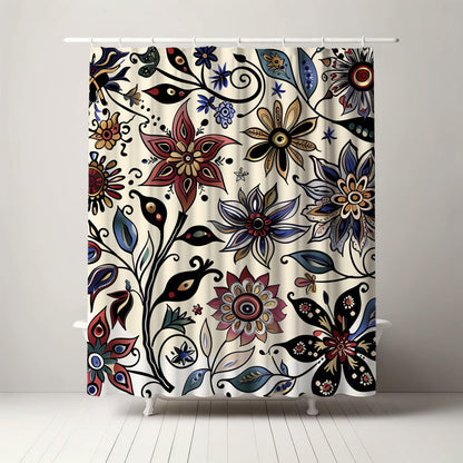 Unique boho-style shower curtain displaying an intricate floral design with vivid colors such as deep blues, bright reds, and neutral tones, creating a cool and stylish statement in a well-lit bathroom setting.