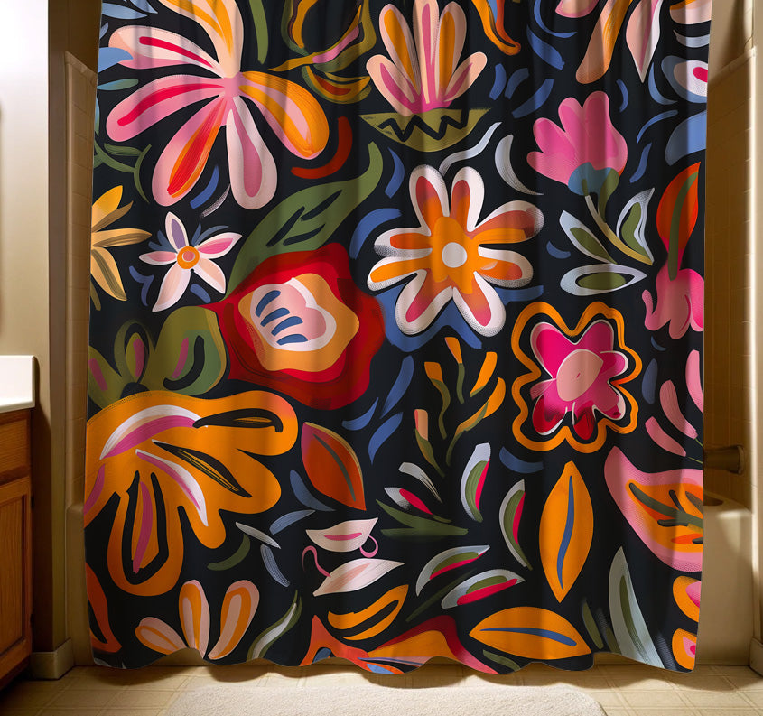 A dynamic and colorful floral shower curtain with a dark background, showcasing a mix of large, vibrant flowers in shades of orange, pink, and red, suitable for a modern and trendy bathroom decor