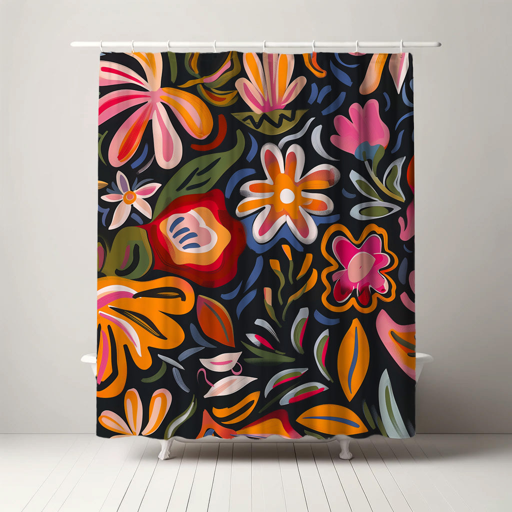 Colorful and funky botanical shower curtain with a lively array of flowers in pink, orange, and red hues set against a rich, dark background, offering a unique and trendy addition to any contemporary bathroom decor.