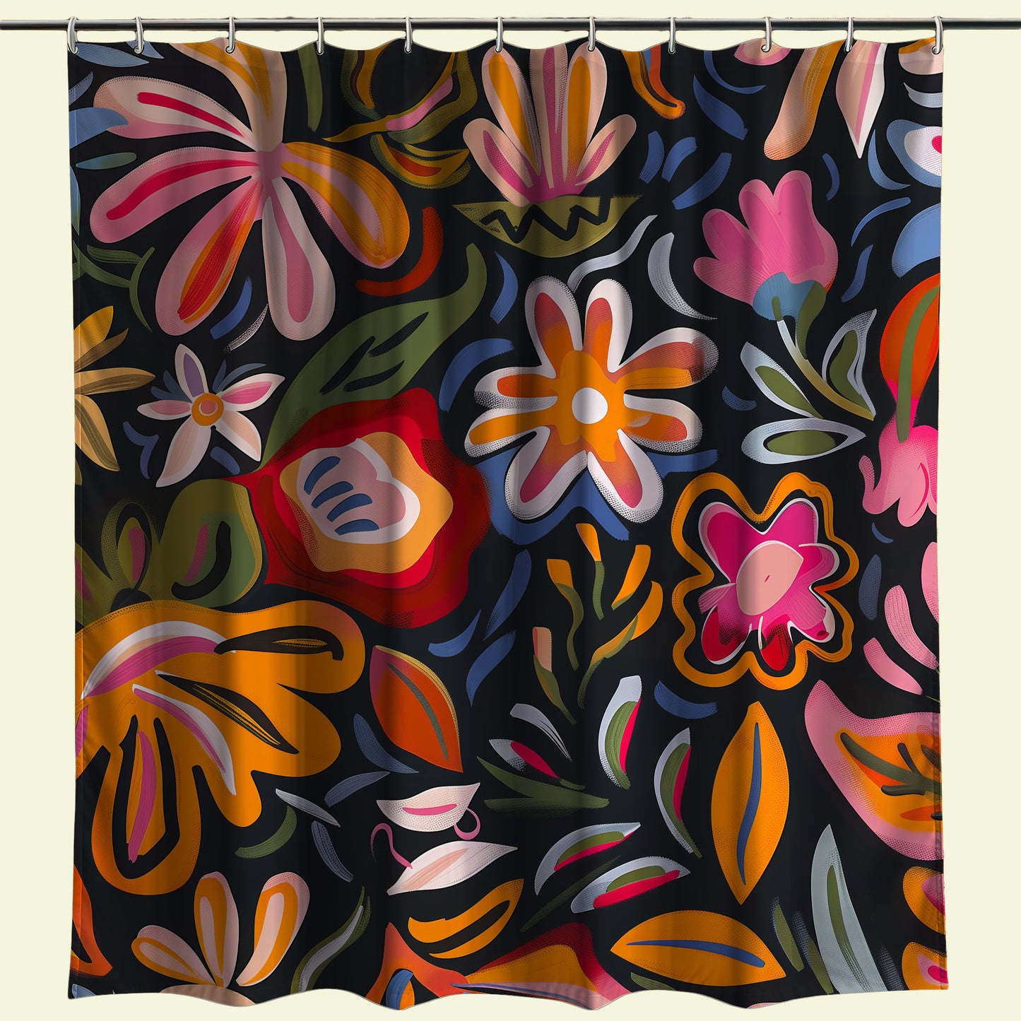 Eye-catching funky floral shower curtain featuring bright, oversized blooms in warm tones of pink, red, and orange, contrasted with a dark backdrop, infusing a cool, bohemian vibe into a contemporary bathroom setting.