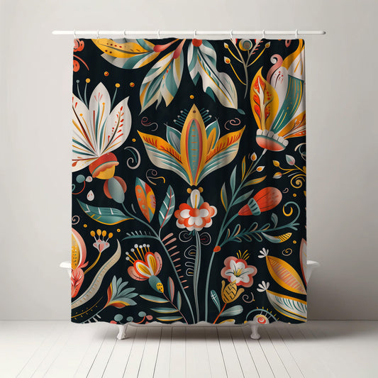 A boho shower curtain featuring an elegant and unique floral pattern with rich colors like orange, yellow, and cream on a deep black background, creating a chic and trendy update to your bath decor.