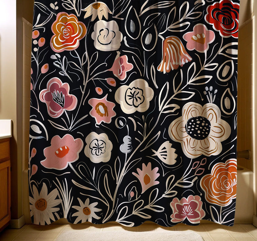 A chic retro shower curtain with a floral motif, featuring a variety of flowers in shades of pink, beige, and white on a contrasting black background, offering a cool and unique touch to any bathroom.