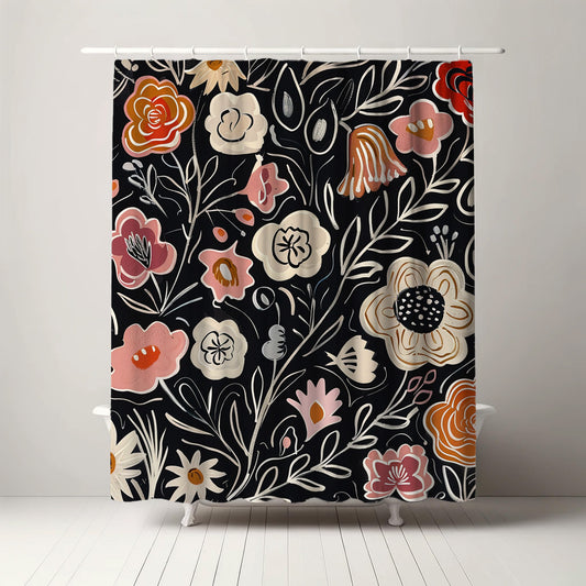 Stylish and decorative shower curtain featuring a retro floral pattern with vibrant flowers in shades of pink, orange, and beige on a dark background, offering a unique and cool addition to any modern bathroom interior.