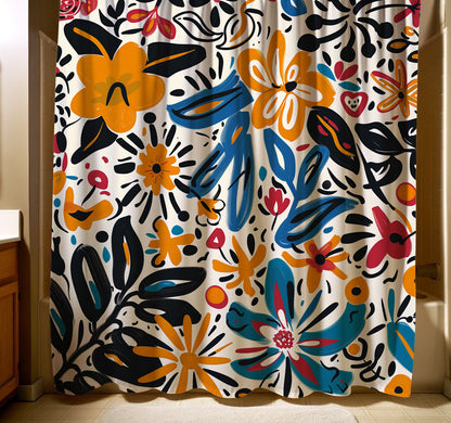 Vibrant and funky shower curtain featuring an array of whimsical flowers and leaves in bold colors such as mustard yellow, sky blue, and soft reds on a light neutral background, adding a pop of color and a trendy bohemian vibe to any bathroom setting.