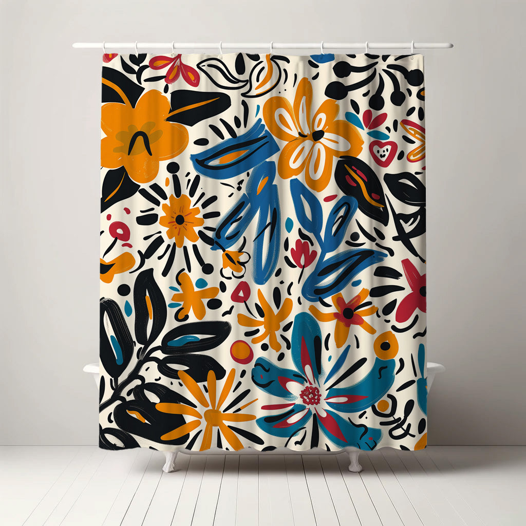 A playful and trendy shower curtain featuring bold floral patterns in vibrant colors such as blue, yellow, and orange on a light background, perfect for those looking to add a funky and bohemian flair to their bathroom decor.