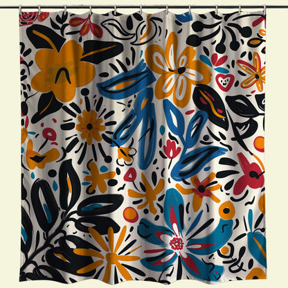 A lively and unique floral-patterned shower curtain, with a playful mix of large blue and yellow flowers, smaller red and orange blooms, and whimsical black leaf designs, creating a cheerful and modern atmosphere in a bathroom space.