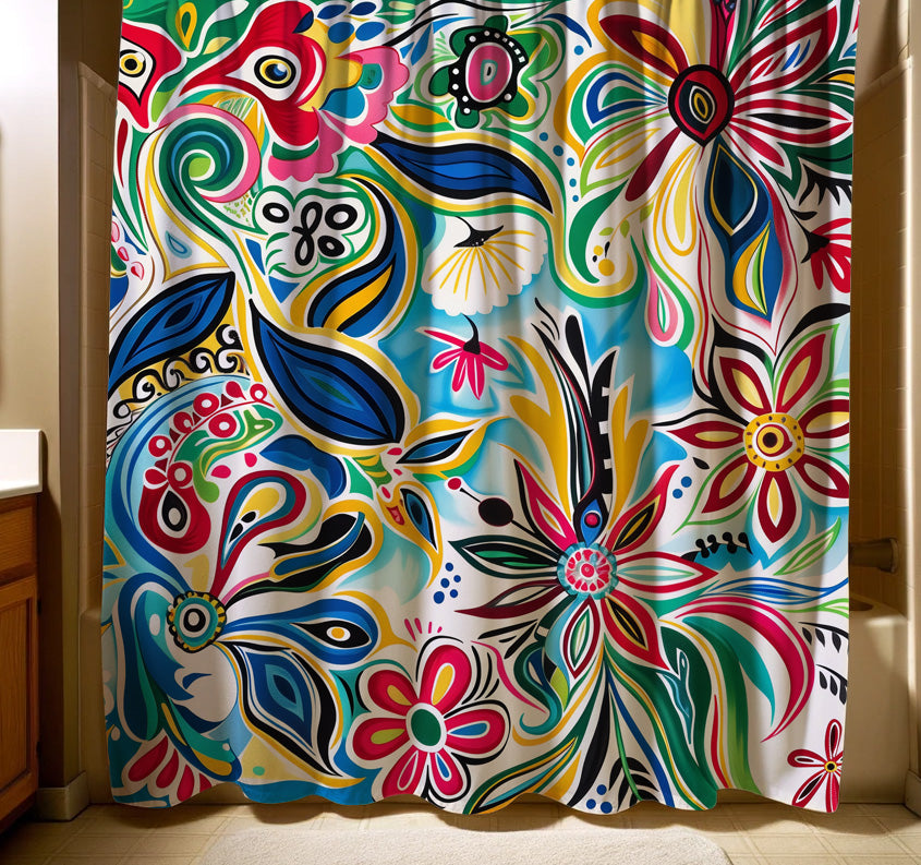 Vibrant and artistic shower curtain with a colorful abstract floral design featuring swirling patterns and whimsical shapes in a lively palette of red, blue, yellow, and green on a bright background.