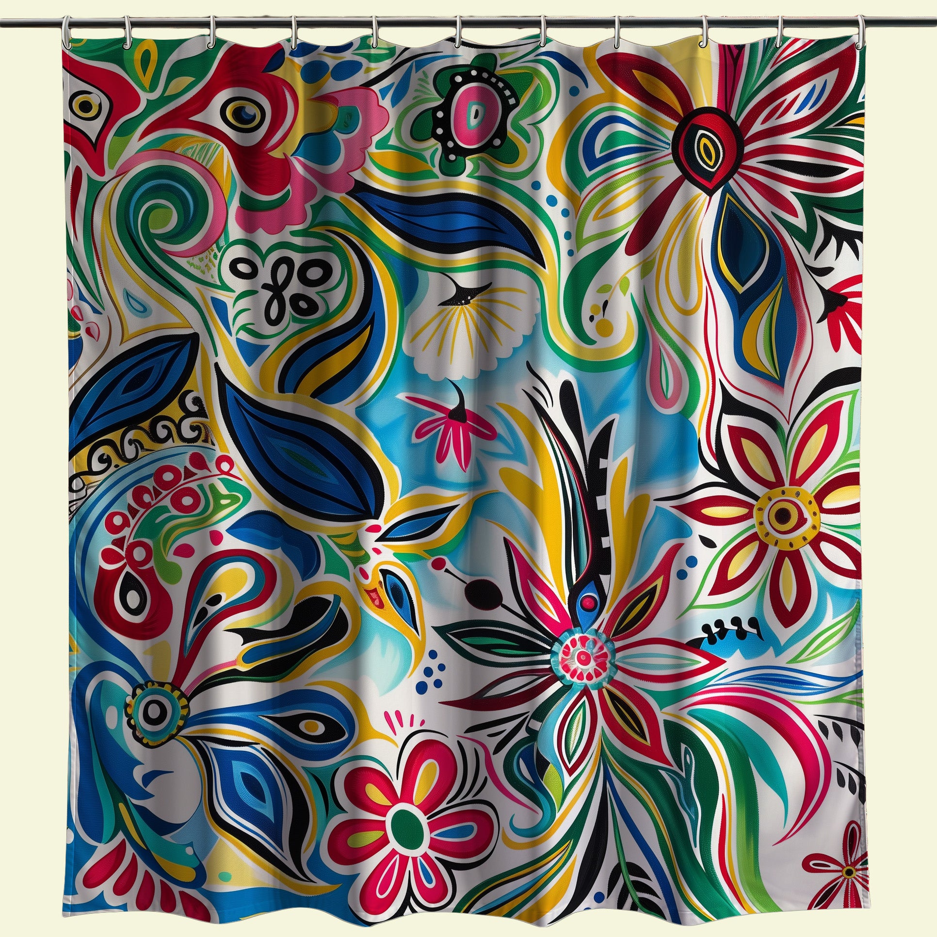 Bold and funky shower curtain adorned with a psychedelic floral pattern, combining vivid swirls and blooms in shades of blue, red, yellow, and green, making a statement in any boho-chic or modern bathroom decor.