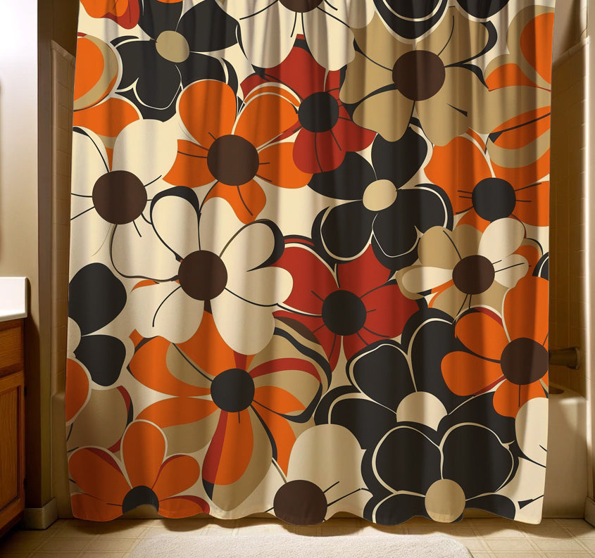 A retro-inspired shower curtain with a bold floral pattern featuring oversized flowers in shades of orange, black, and cream, perfect for adding a vibrant, vintage touch to any bathroom décor.