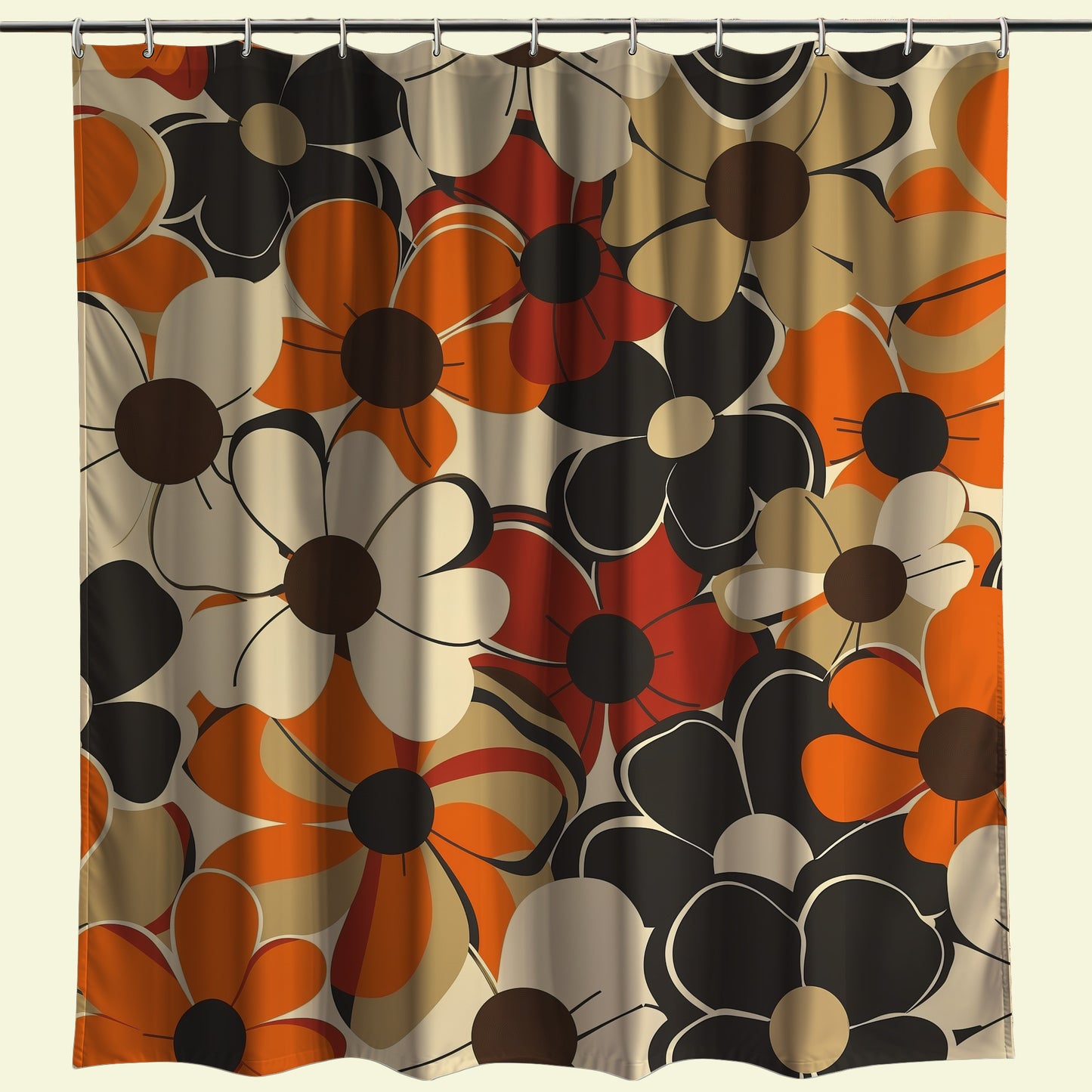 Eye-catching shower curtain with a large, retro floral print in a striking color palette of orange, cream, and black, bringing a classic yet bold aesthetic to the bathroom space.