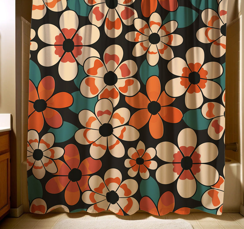 A striking shower curtain with a pattern of large, graphic flowers in shades of cream and orange, set against a dark background, evoking a bold retro aesthetic for a contemporary bathroom.