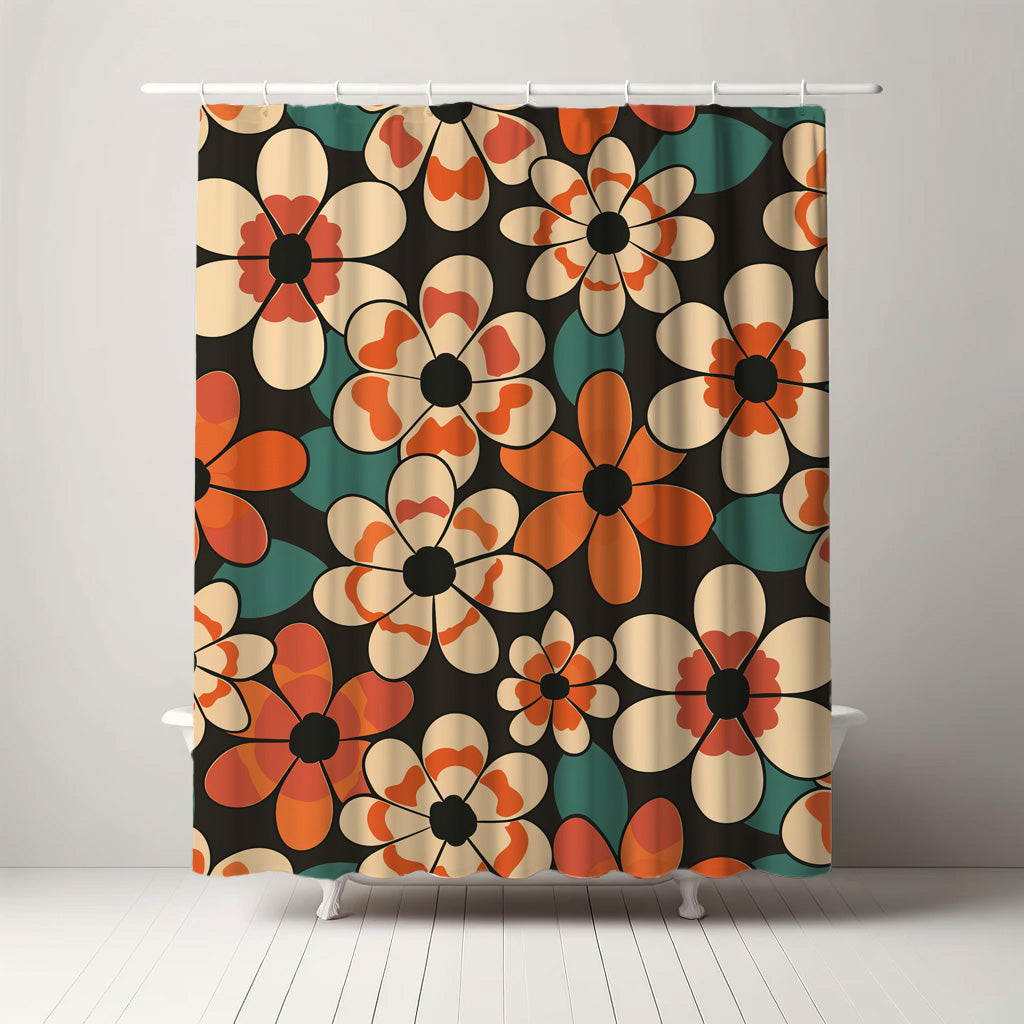 Elegant shower curtain with a retro floral pattern in contrasting shades of orange and cream, set against a deep background, ideal for creating a bold and stylish mid-century modern bathroom aesthetic.