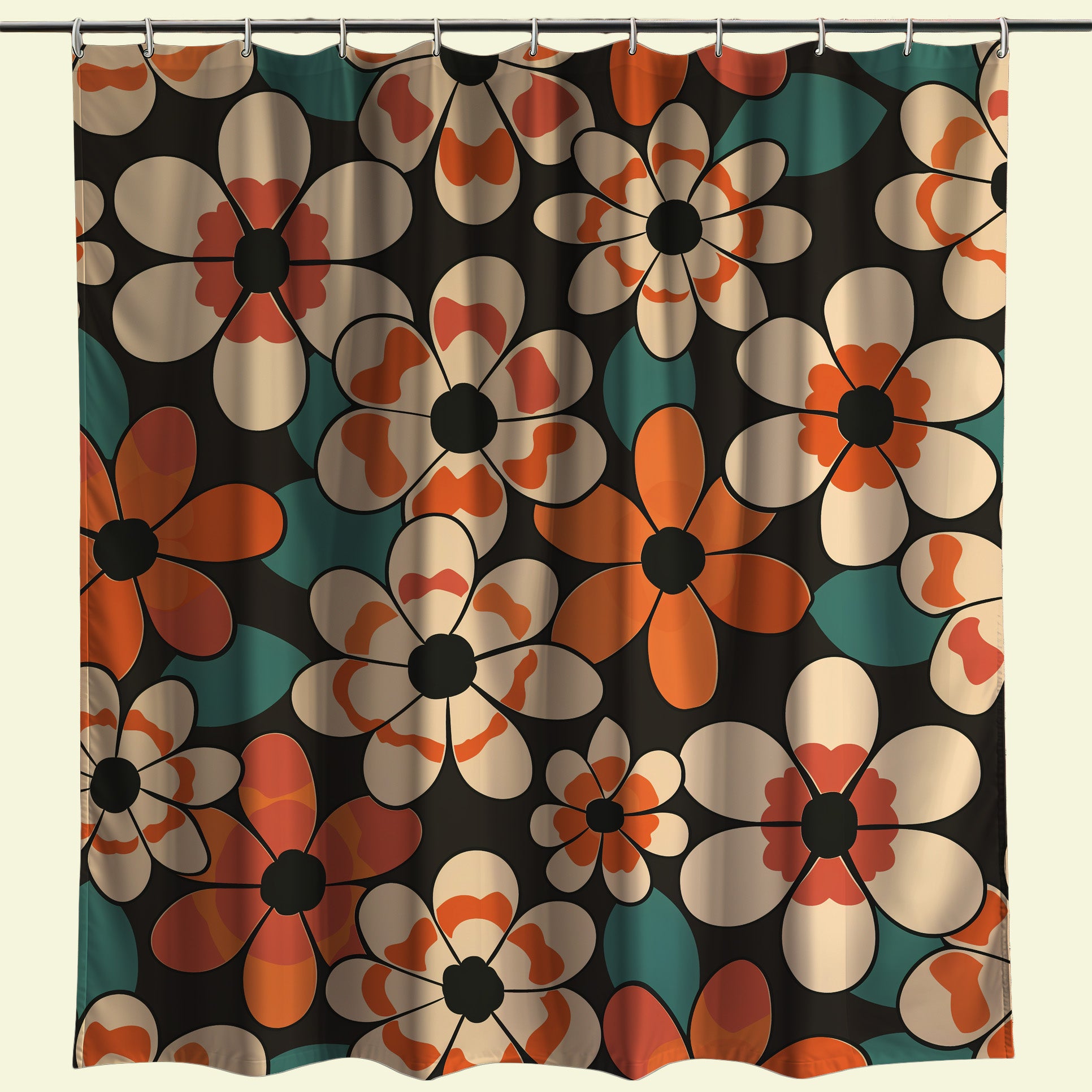 Decorative shower curtain featuring an array of stylized flowers in a retro color scheme of orange, cream, and black, creating a statement piece that adds a touch of vintage charm to bathroom decor.