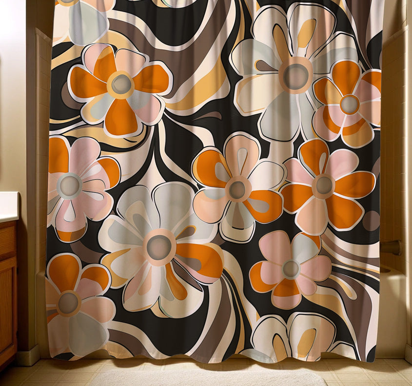 A retro-inspired shower curtain with large, bold flowers in a flowing design of cream, peach, and orange hues on a contrasting black background, perfect for a statement piece in a stylish bathroom.