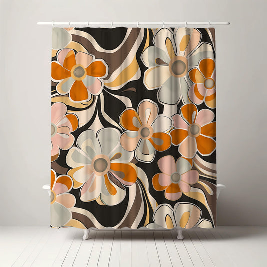 A chic shower curtain adorned with a retro-inspired floral pattern in soft cream, peach, and orange tones, set against a bold black backdrop, perfect for adding an elegant and timeless touch to any bathroom.