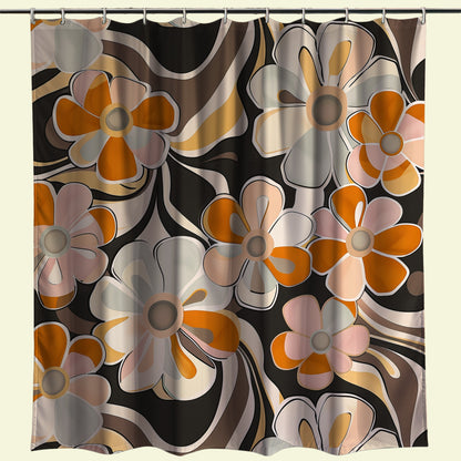 Chic shower curtain featuring an elegant floral pattern with oversized blossoms in shades of orange and cream, set against a dark backdrop, offering a modern take on a classic retro look for any bathroom decor.