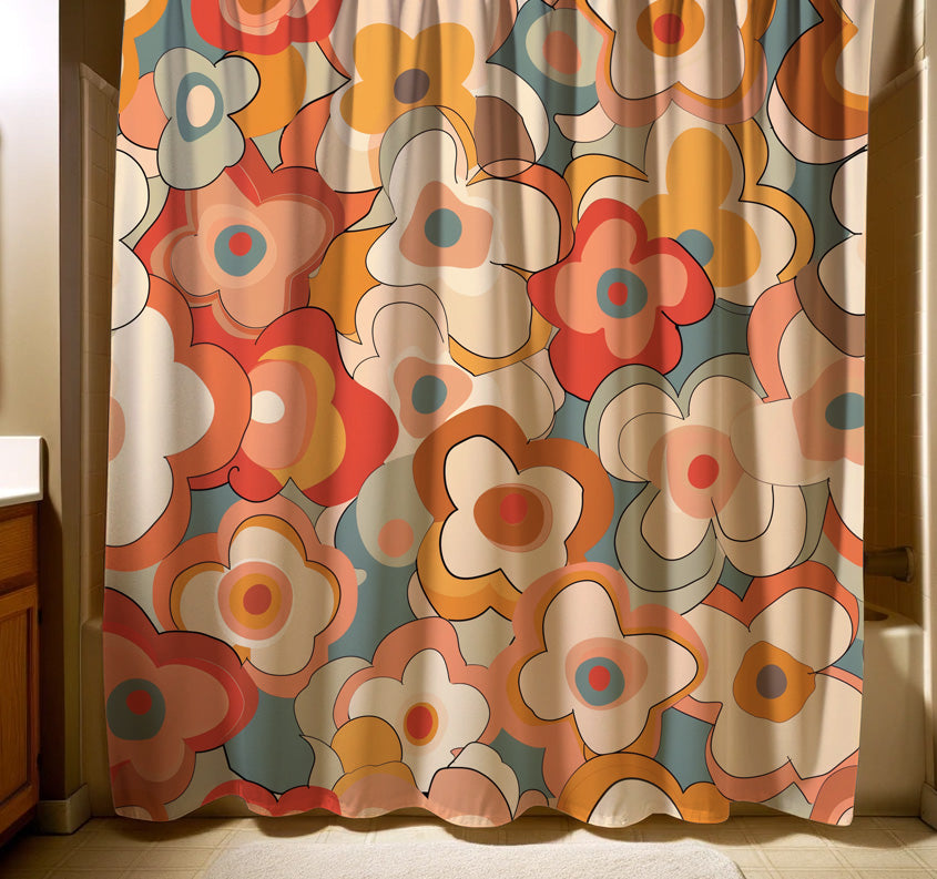 A cheerful shower curtain with a playful array of abstract flowers in soft oranges, creams, and blues, offering a bright and refreshing look to enhance any bathroom's decor.