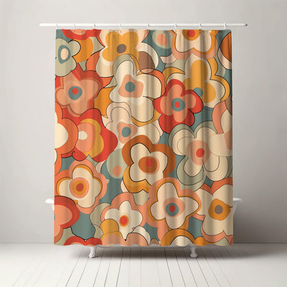 Stylish and elegant shower curtain with a retro floral design in a soft color palette of orange, cream, and blue, creating a serene and sophisticated ambiance in any bathroom setting.