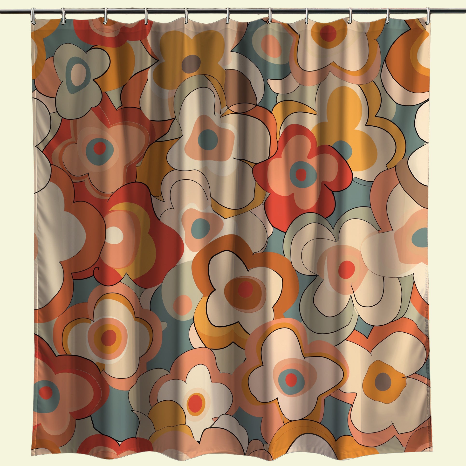 A vibrant shower curtain featuring a whimsical floral design with rounded blooms in shades of orange, cream, and blue, creating a warm and inviting atmosphere in the bathroom.