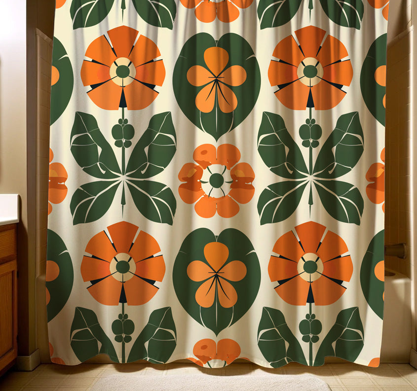 Elegant and decorative shower curtain with a pattern of stylized orange and green flowers arranged in a geometric layout on a neutral background, offering a modern yet vintage aesthetic to the bathroom space.