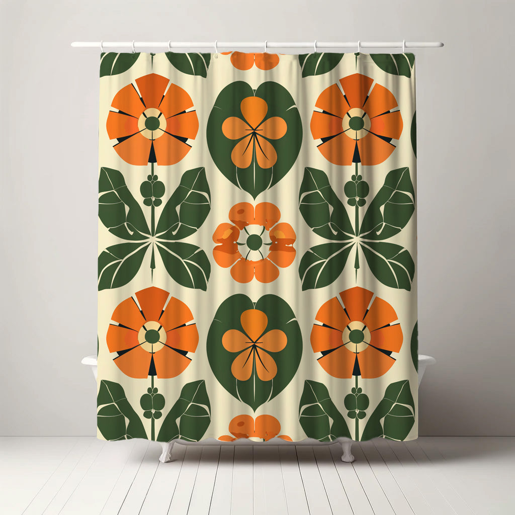 A modern shower curtain with a vintage feel, displaying geometrically arranged floral patterns in rich orange and green, creating a unique and decorative botanical theme for a contemporary bathroom interior.