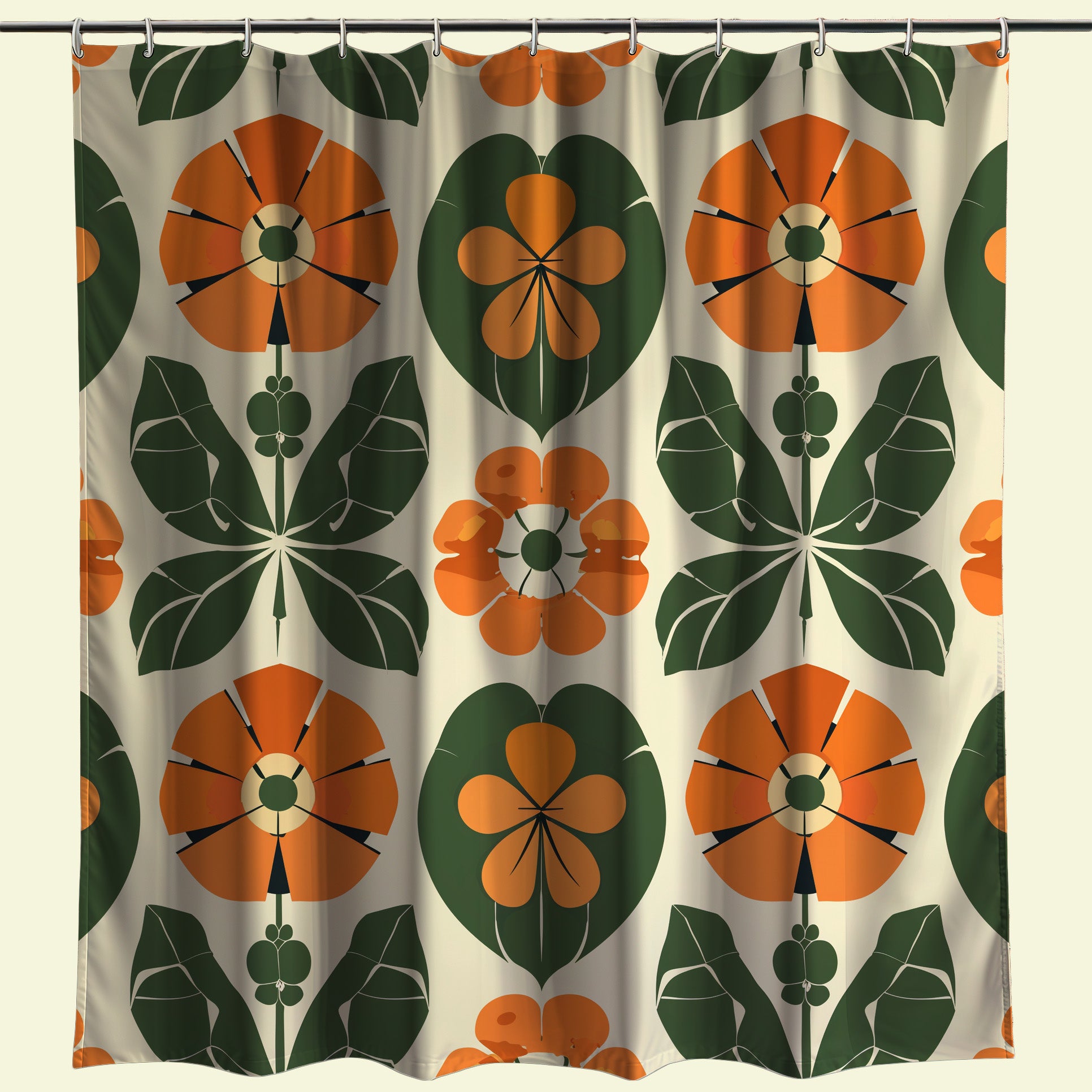 A retro-inspired shower curtain featuring a symmetrical design of bold, geometric floral patterns in shades of orange and green, set against a soft beige background, perfect for a vintage-styled bathroom decor