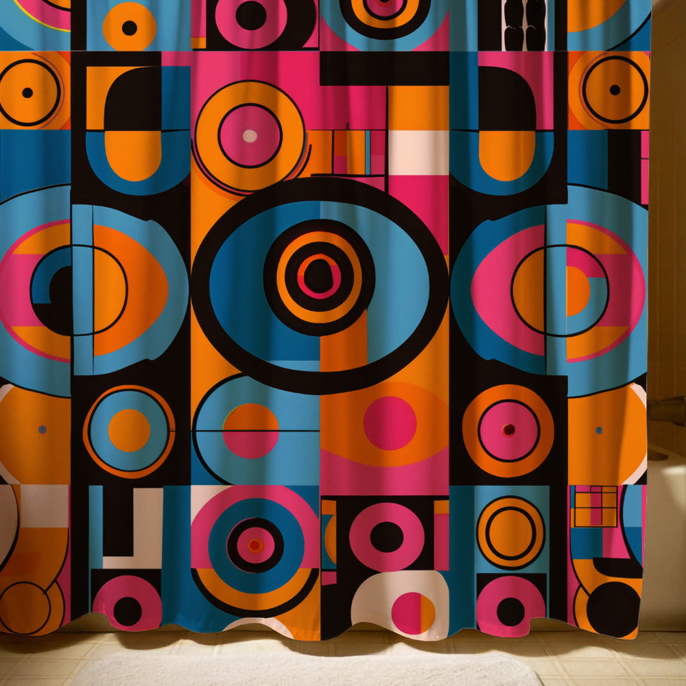 Colorful shower curtain with a 60s-inspired pattern of concentric circles and squares in a lively mix of blue, pink, and orange, infusing a retro-modern vibe into the bathroom decor