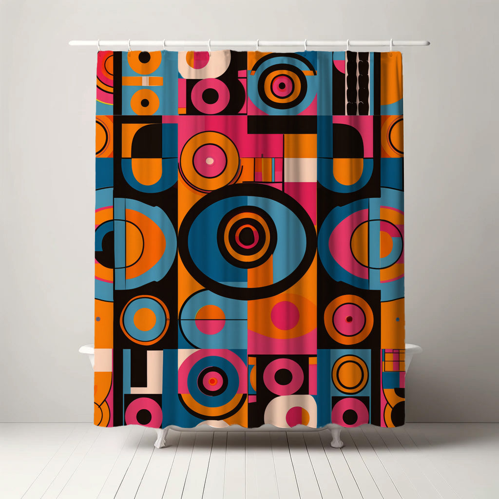 Retro-style shower curtain with a vibrant pattern of multicolored circles and geometric shapes on a dark background, perfect for a funky and cool bathroom aesthetic.