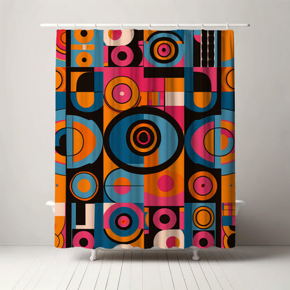 Retro-style shower curtain with a vibrant pattern of multicolored circles and geometric shapes on a dark background, perfect for a funky and cool bathroom aesthetic.