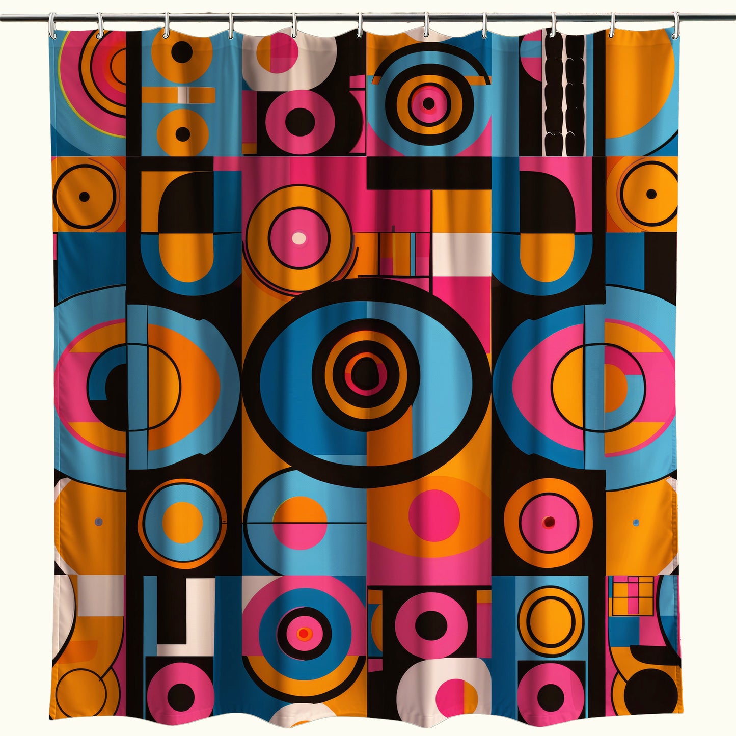 Retro-modern shower curtain featuring a dynamic array of geometric circles and abstract shapes in bold shades of pink, orange, and blue on a dark backdrop, perfect for a stylish, contemporary bathroom