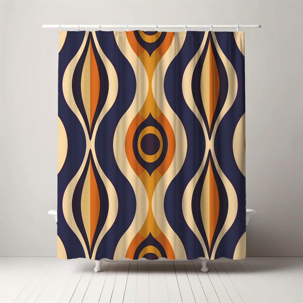 Stylish shower curtain with a mid-century inspired pattern of navy, gold, and cream teardrop shapes, ideal for a retro yet sophisticated bathroom decor.