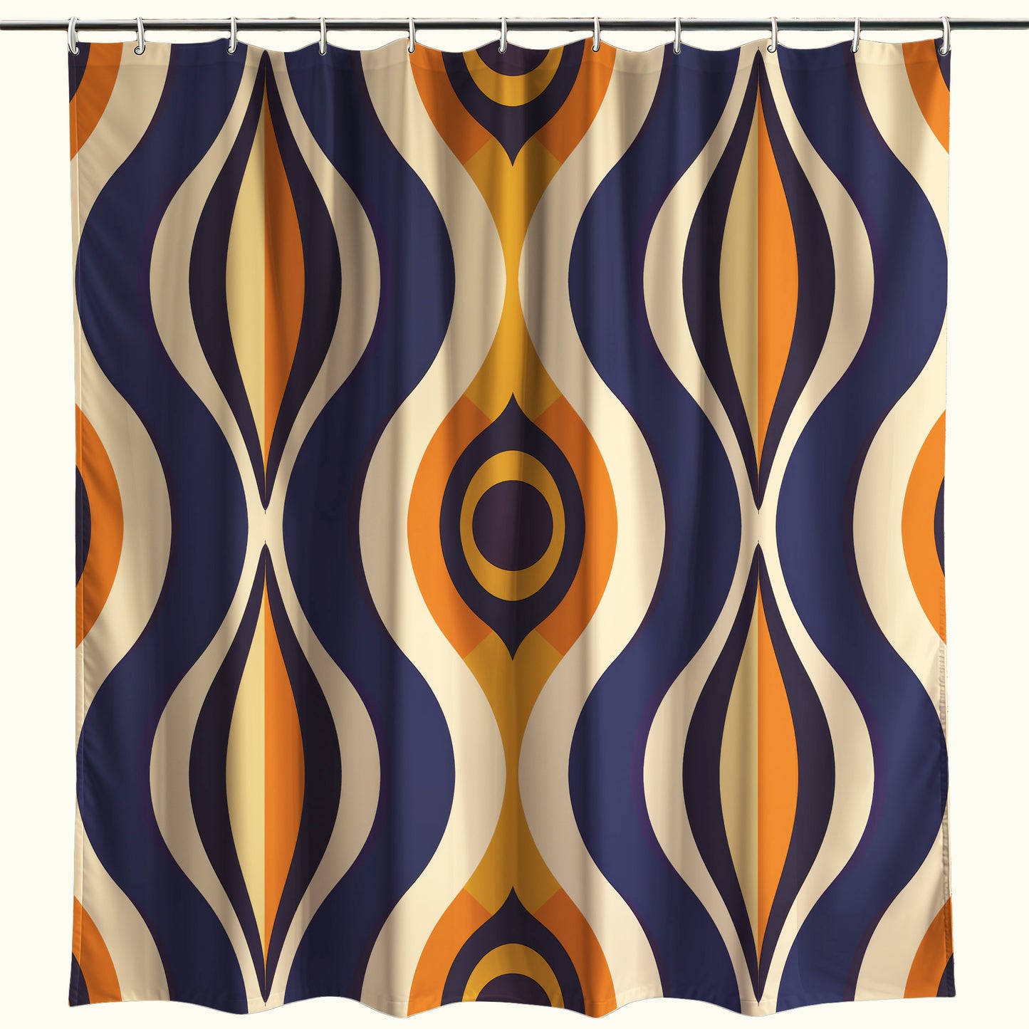 Psychedelic shower curtain with a kaleidoscopic pattern of orange, yellow, and green tones, in a flowing, organic design, showcased in a home bathroom